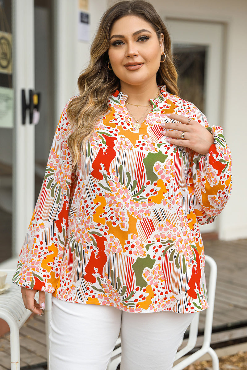 Orange Floral Abstract Print V Neck  Plus Size Blouse