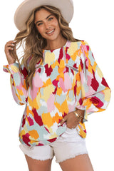 Multicolor Abstract Print Boho Ruffle Puff Sleeve Blouse