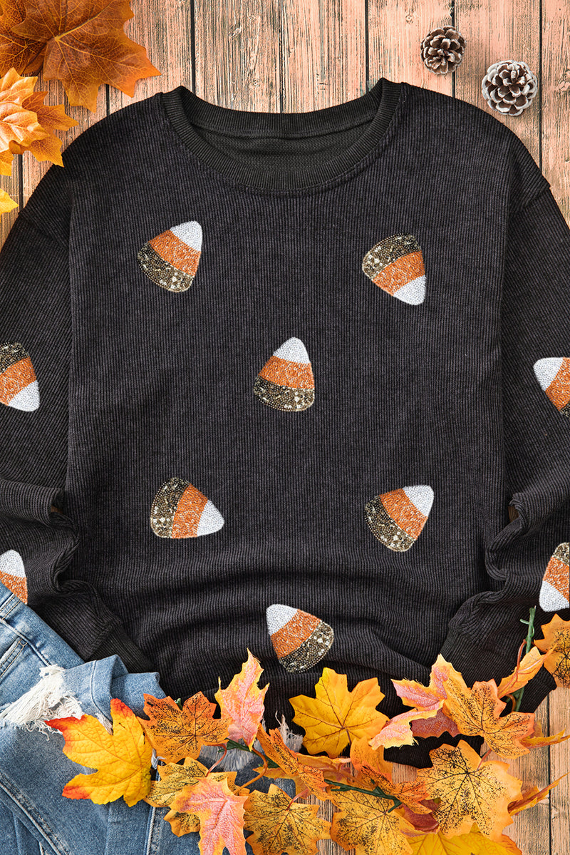 Black Sushi Sequin Print Corded Crewneck Graphic Sweatshirt