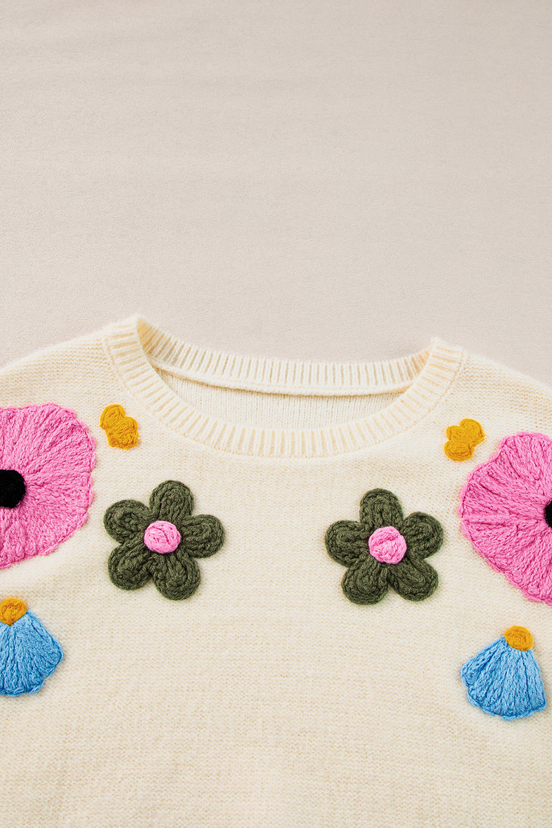 Beige 60s Flower Pattern Knitted Sweater