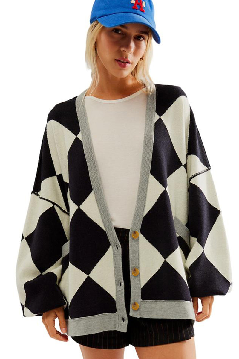 White Stripe Colorblock Drop Shoulder Buttoned Loose Cardigan