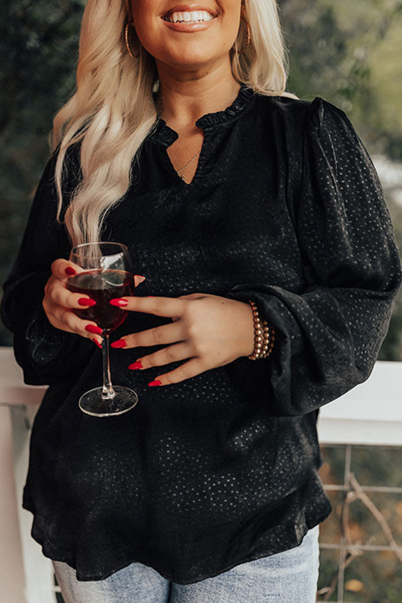 Black Plus Size Leopard Print Frill Notch V Neck Blouse