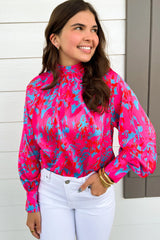 Purple Abstract Mock Neck Puff Sleeve Blouse