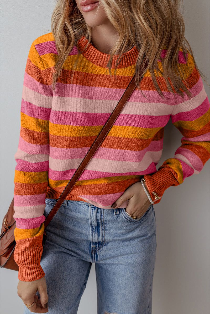 Green Striped Ribbed Edge Round Neck Sweater