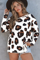 White Leopard Print Casual Loose Long Sleeve Top