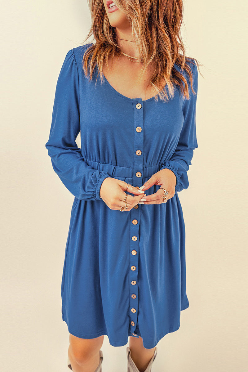 Dark Blue Casual Buttons Up Ruched Waist Short Dress