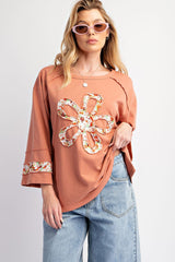 Grapefruit Orange Flower Exposed Seam Patchwork Loose Top