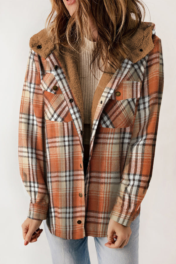 Orange Snap Button Sherpa Lined Hooded Flannel Jacket