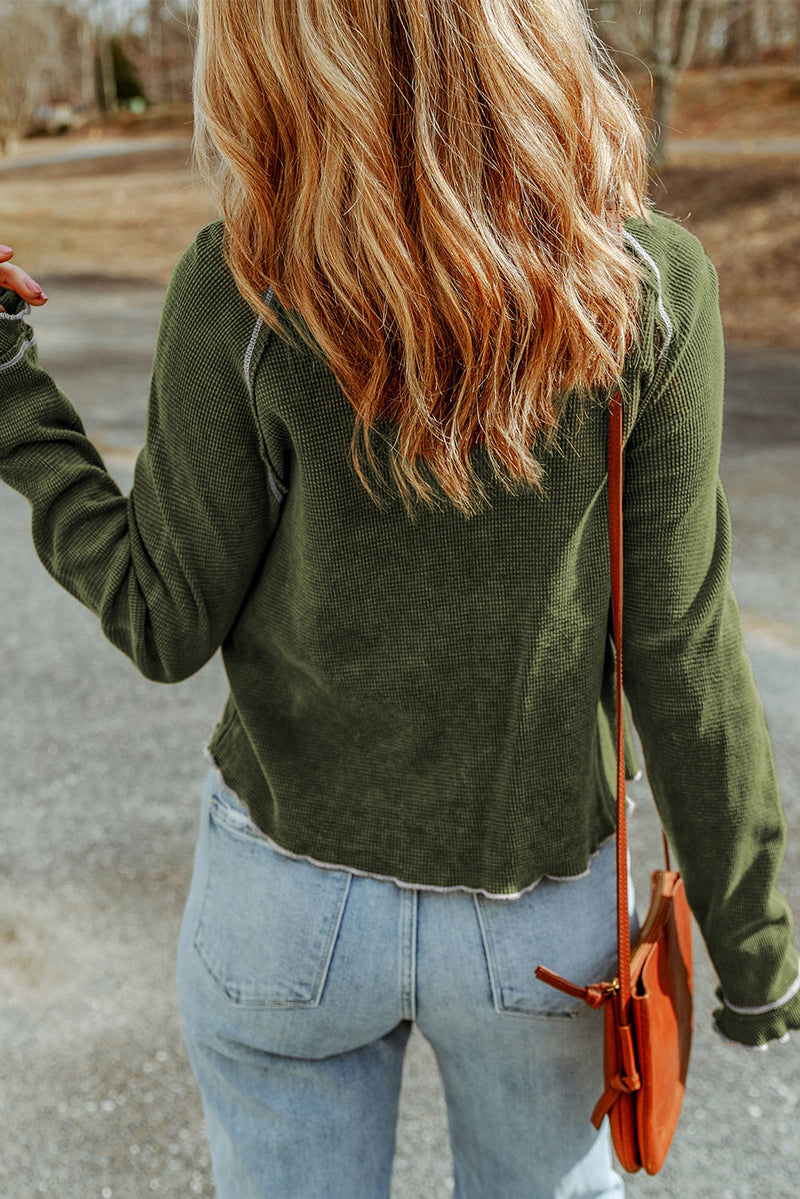 Green Textured Exposed Seam Long Sleeve Top