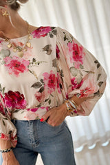 Rose Floral 3/4 Sleeve Lace-up Back Blouse