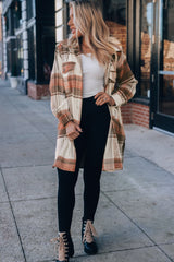 Brown Plaid Casual Button Up Flannel Long Shacket with Flap Pockets