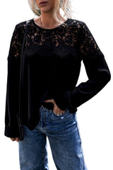 Black Lace Crochet Patchwork O Neck Top