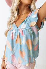 Light Blue Abstract Print Ruffle Sleeveless Blouse