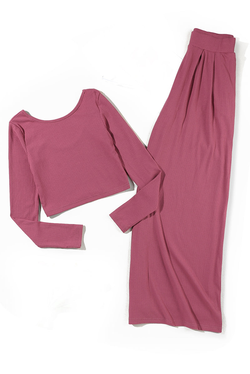 Pink Plain Ribbed Crop Top & Wide Leg Pants Two Piece Pants Set