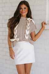 Simply Taupe Satin Bowknot Cable Knit Top