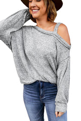 Gray Loose Fit Long Sleeve One Shoulder Top