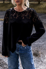 Black Lace Crochet Patchwork O Neck Top