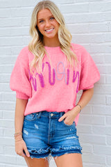 Pink Mom Letter Pattern Short Puff Sleeve Sweater