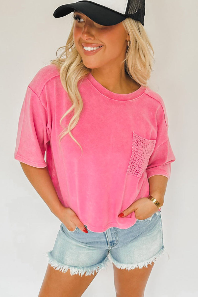 Pink Washed Short Sleeve T Shirt with Crochet Pocket