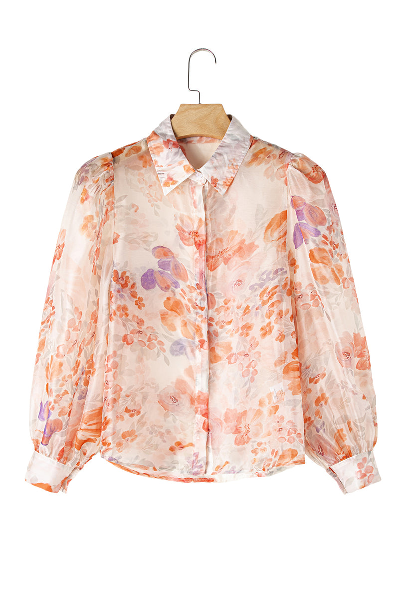 White Floral Print Buttoned Balloon Sleeve Loose Shirt