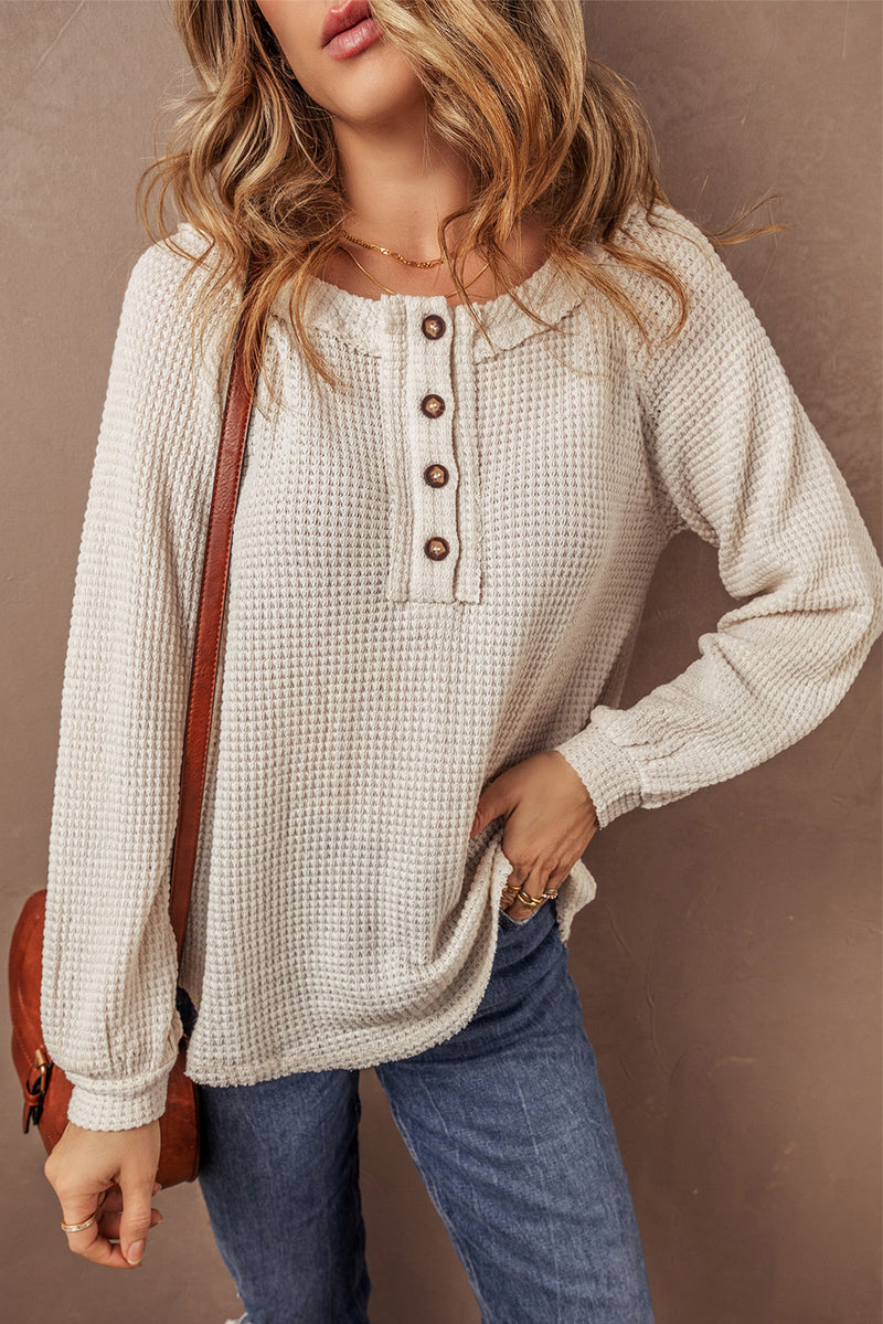 Oatmeal Waffle Knit Raglan Sleeve Loose Henley Top