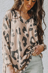 Khaki Leopard Print V Neck Long Sleeve Shirt