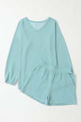 Mist Blue Corded V Neck Slouchy Top & Pocketed Shorts Set