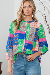 Multicolor Floral Patchwork Buttoned Puff Sleeve Shirt