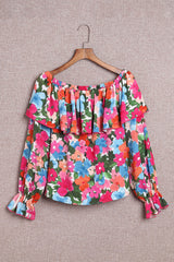 Multicolor Bohemian Floral Print Shirred Ruffle Off Shoulder Blouse