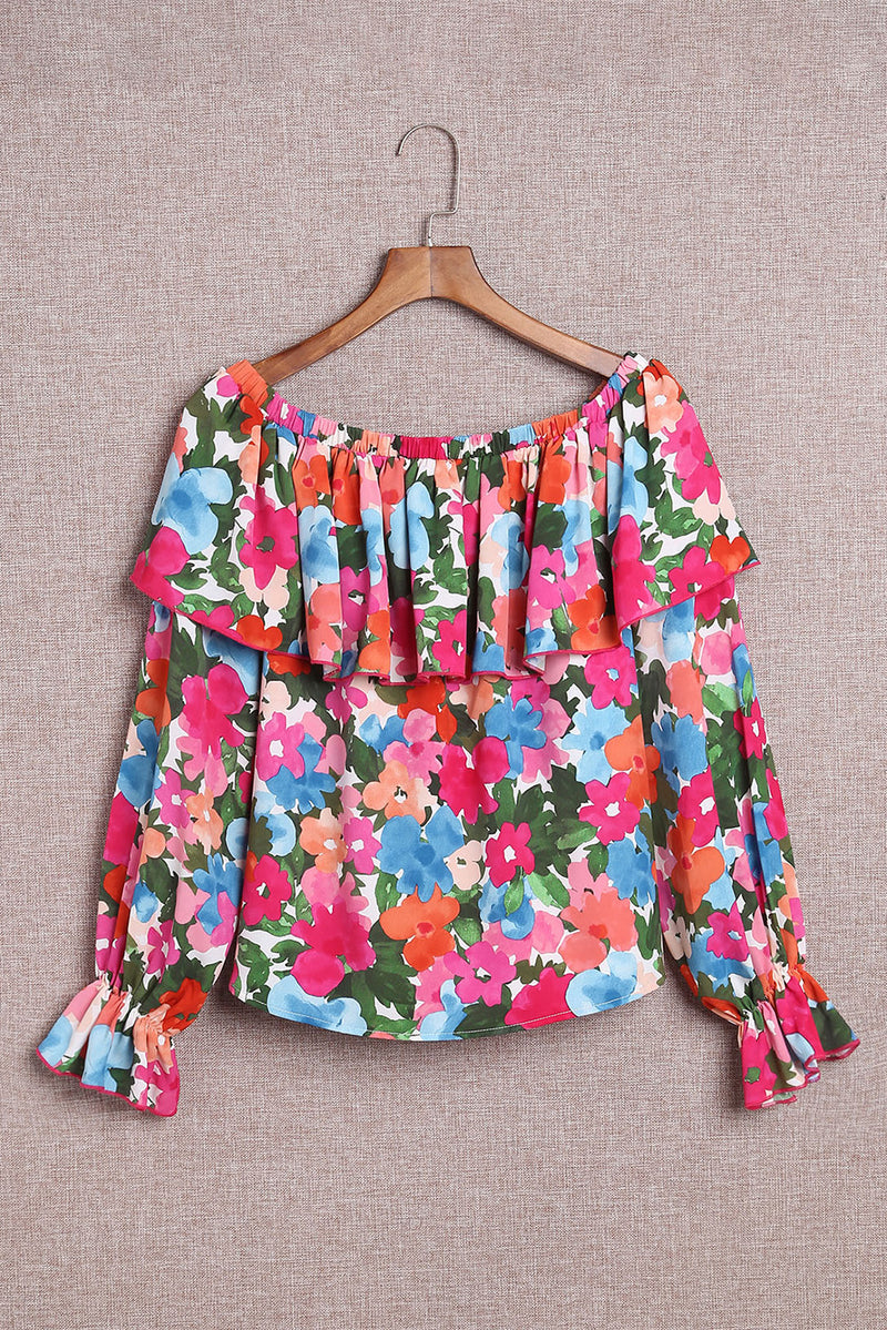 Multicolor Bohemian Floral Print Shirred Ruffle Off Shoulder Blouse