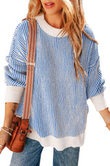 Dark Blue Striped Contrast Trim Loose Sweater