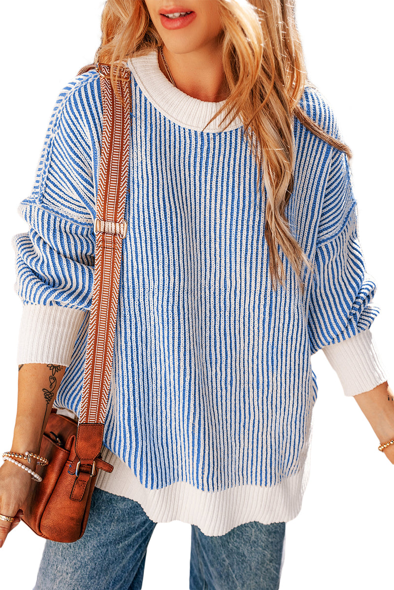 Dark Blue Striped Contrast Trim Loose Sweater