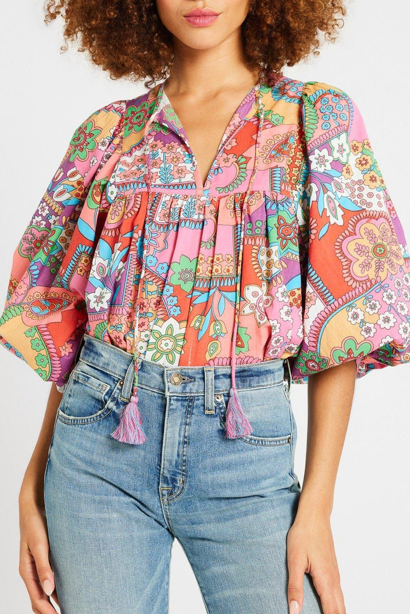 Multicolour Boho Floral Tie V Neck Pleated Blouse