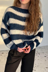 Contrast Striped Boat Neck Long Sleeve Sweater