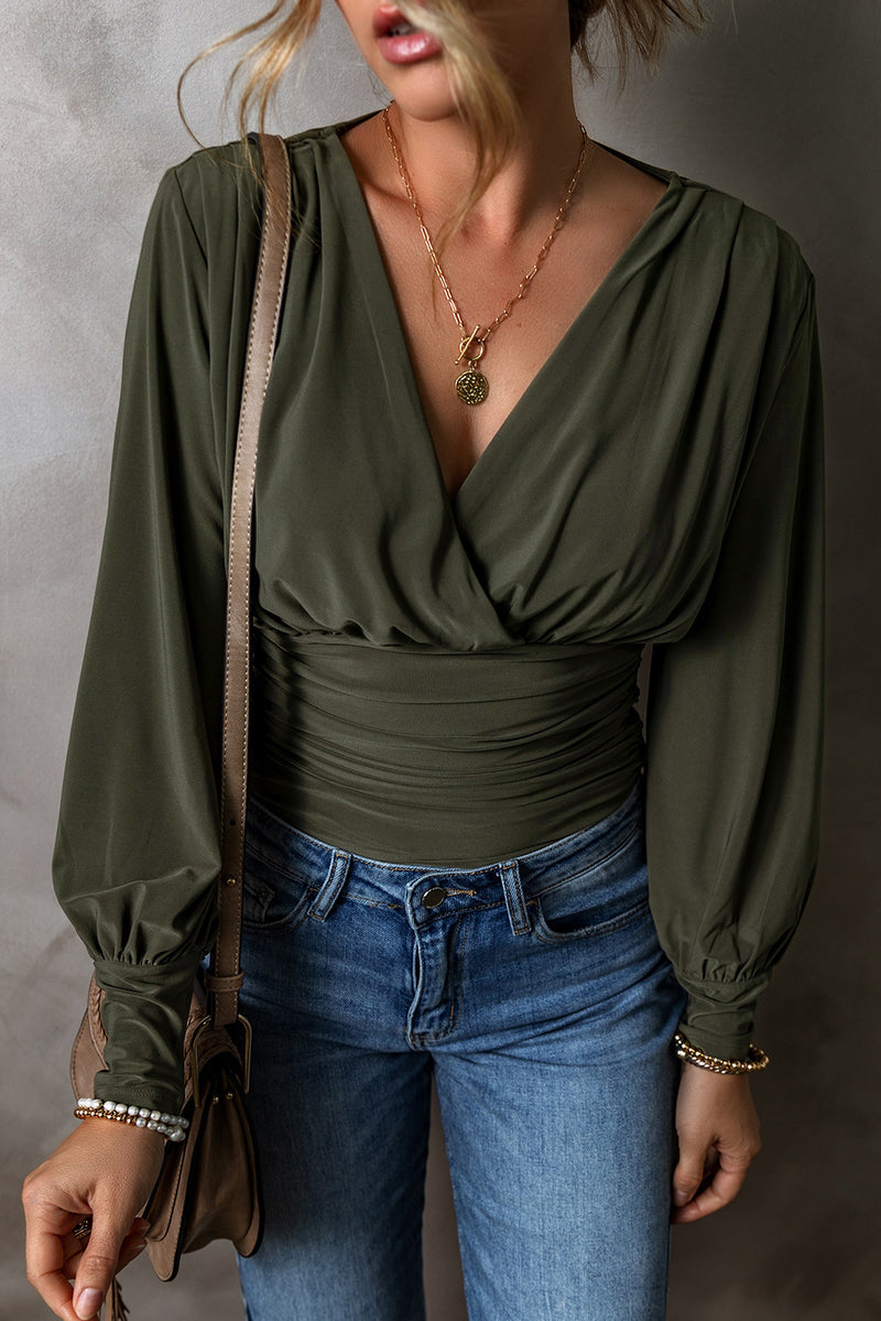 Moss Green Wrap V Neck Ruched Long Sleeve Bodysuit