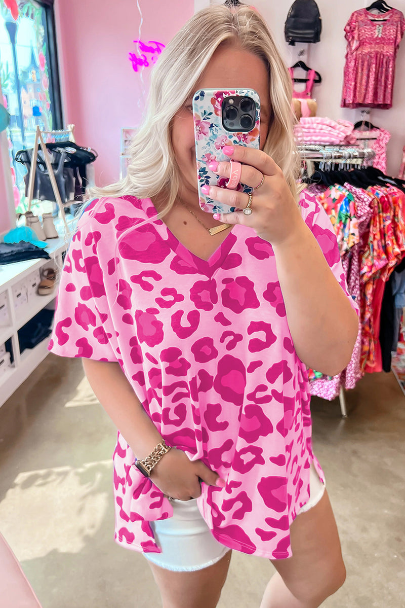 Rose Leopard Print V Neck Plus Size Tee