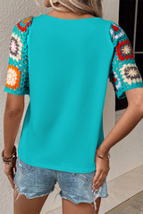 Turquoise Boho Hollowed Floral Crochet Sleeve T Shirt