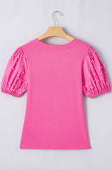 Bright Pink Pearl Beaded Puff Sleeve Ribbed Top