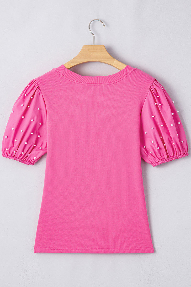 Bright Pink Pearl Beaded Puff Sleeve Ribbed Top