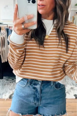 Khaki Striped Textured Round Neck Long Sleeve Top