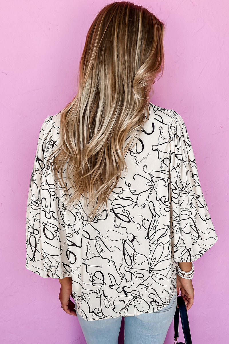 Beige Abstract Print Balloon Sleeve Crew Neck Blouse