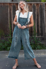 Black Distressed Bib Pocket Wide Leg Denim Overall