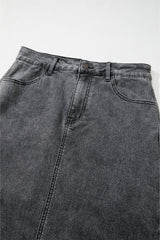 Dark Grey Denim Raw Hem Back Split High Waist Long Skirt