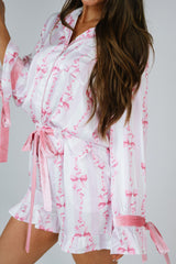 Pink Bow Print Bell Sleeve Shirt and Ruffle Hem Shorts Pajama Set