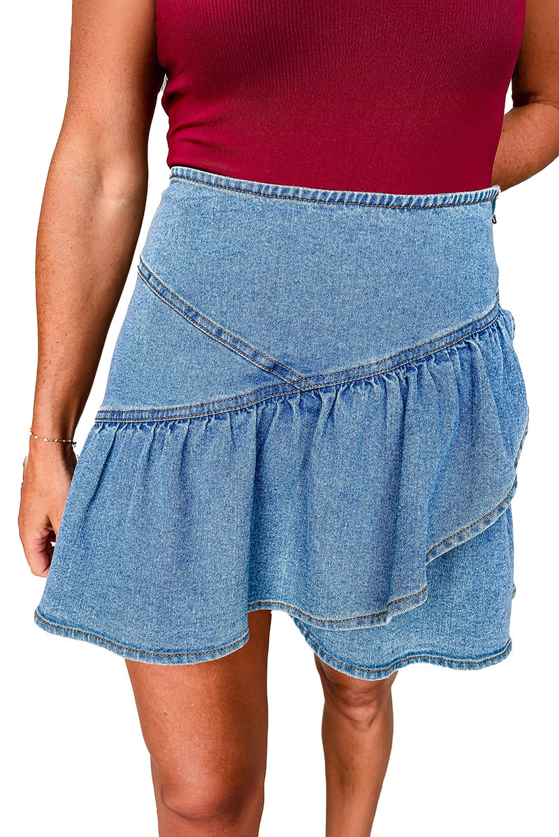 Beau Blue Asymmetric Ruffle Overlay Denim Mini Skirt