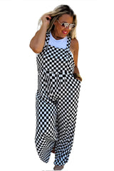 Black Checkered Print Pocketed Wide Leg Overall