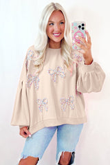 Parchment Sweet Bow Lantern Sleeve Oversized Pullover Sweatshirt