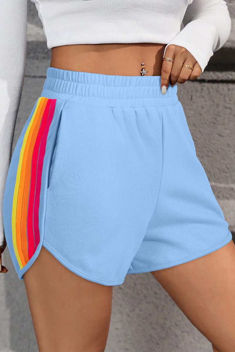 Beau Blue Color Block Striped Elastic High Waist Active Shorts