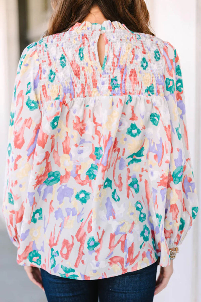 Multicolor Abstract Print Smocked Long Sleeve Blouse