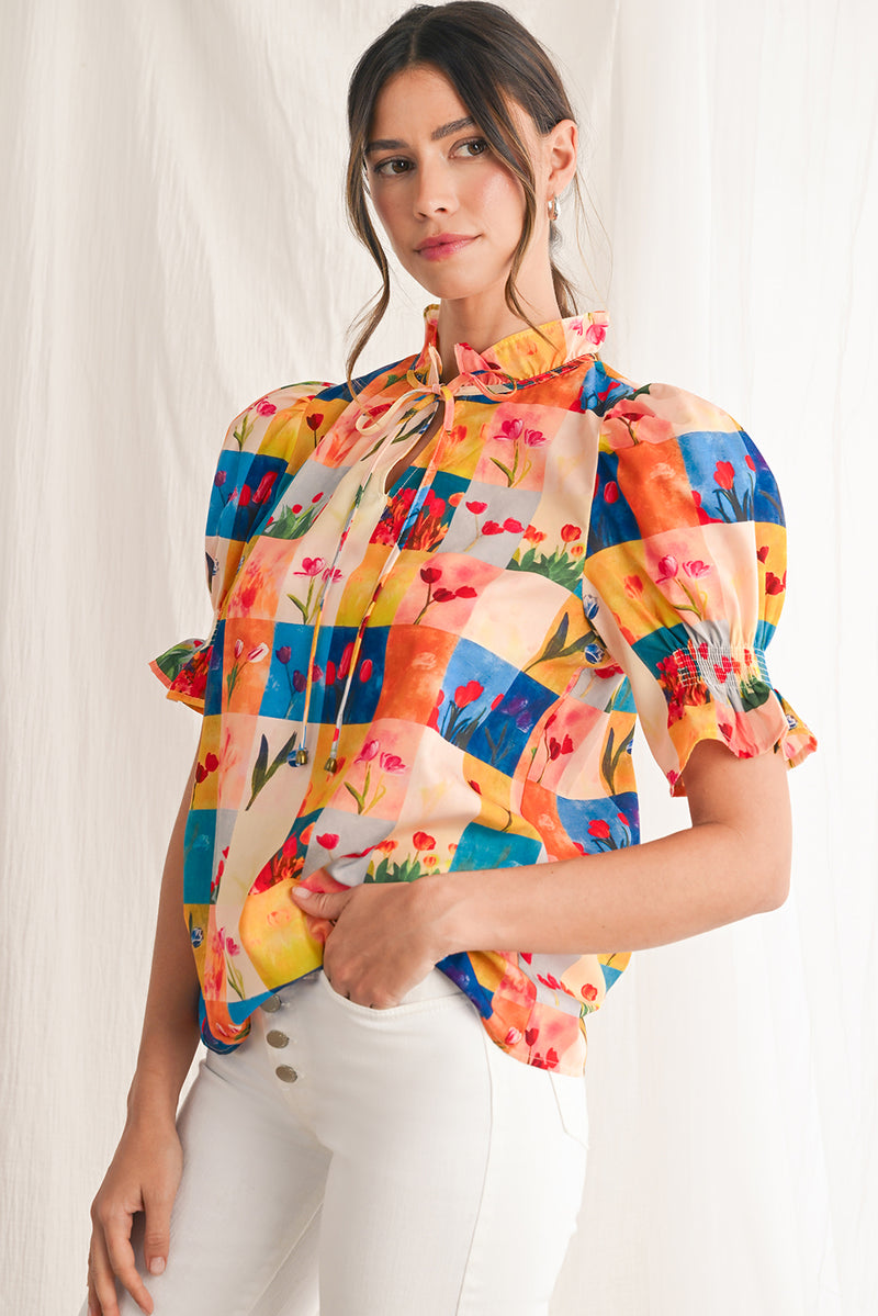 Multicolour Boho Floral Checkered Frill V-Neck Blouse